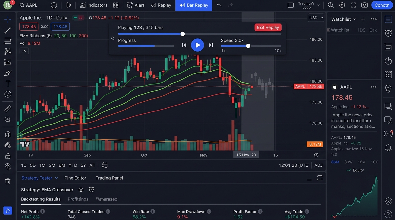 TradingView (Free Tier) Free Backtesting Interface